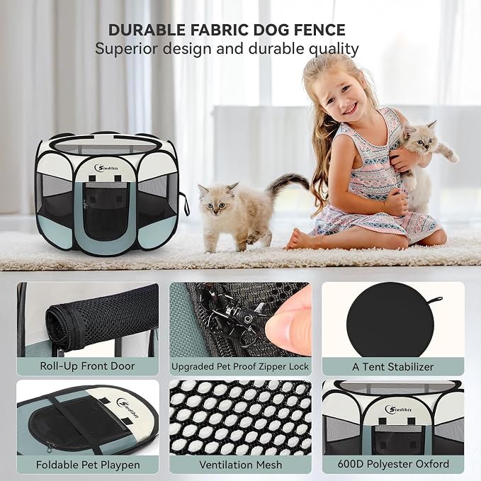 Siedihit Dog Cat Playpen, Puppy Pet Playpen Indoor for Small Dog Crate Tent Cage Outdoor, Portable Pop Up Dogs Enclosure Kennel with Carrying Case for Dogs/Cats/Rabbits(Grey, Small