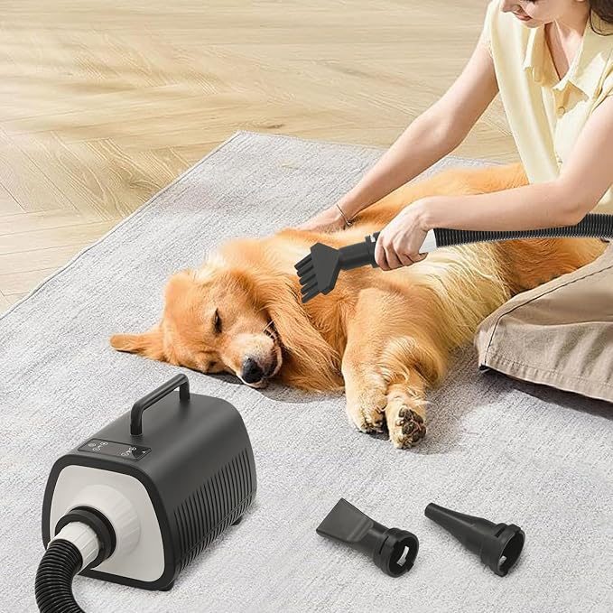Pet Hair Dryer 2100W Adjustable Speed Temperature for Dogs Cats Home Use | Adjustable 1-9 speed/temperature – 2100W motor, 120000rpm – ABS housing – insulated handle – overheat protection – 3 nozzles