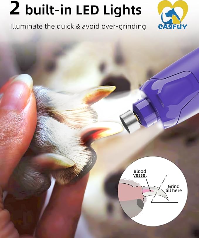 Casfuy 6-Speed Dog Nail Grinder with 2 LED Lights & Dust Cap