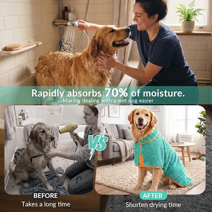 Bienbee Dog Bathrobe, Quick Drying Super Absorbent Pet Robes for Small Medium Large Dogs, Drying Coat for After Bath & Swim, Warm & Cozy Dogs Towels, Dog Puppy Bath Supplies, Lake Green XL