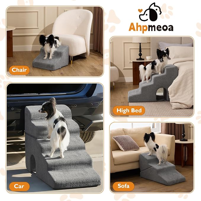 Dog Stairs for Bed 23’’ H, 5-Step Dog Steps for High Bed, Foldable Pet Stairs for Small Dogs and Cats to Get on Beds, Couch, Non-Slip Balanced Pet Steps and Ramp with Waterproof Cover, Grey