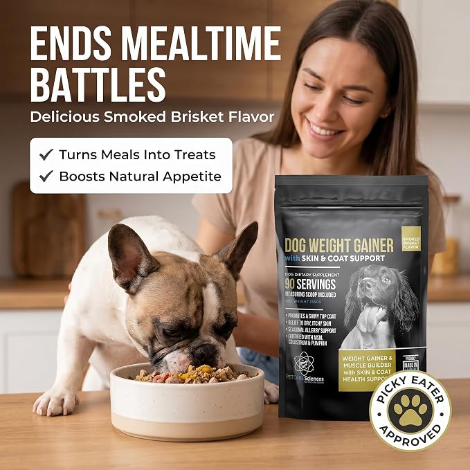 Dog Weight Gainer with Skin & Coat Support - Weight Gain Supplements for Dogs - Canine and Dog Muscle Builder - Protein Powder - High Calorie Food Supplement - 90 Servings