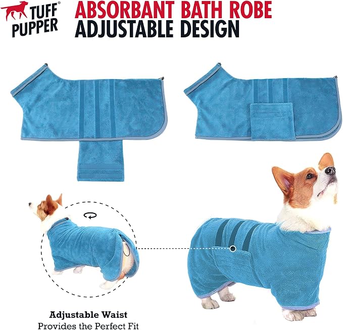 Tuff Pupper Fast Drying Dog Bath Robe | 800 GSM Plush Dog Towel Bathrobe/Dressing Gown | Super Absorbent Pet/Puppy Bathrobe | Adjustable Hood & Belly Strap | Super Soft | Fast Drying (S, Blue)