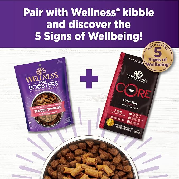 Wellness Bowl Boosters Tender Toppers Dog Food Topper for Small, Medium, and Large Breeds, Grain Free, Natural, Lamb and Salmon Recipe, 8 oz Bag