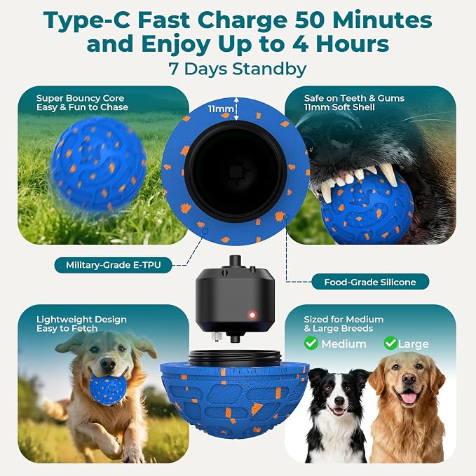 Roinoim Automatic Interactive Dog Ball Toy, Motion Activated Durable Rope Dog Chew Toy, USB Rechargeable Pet Exercise Ball for High Energy Dogs, Indoor Outdoor Playing, Blue