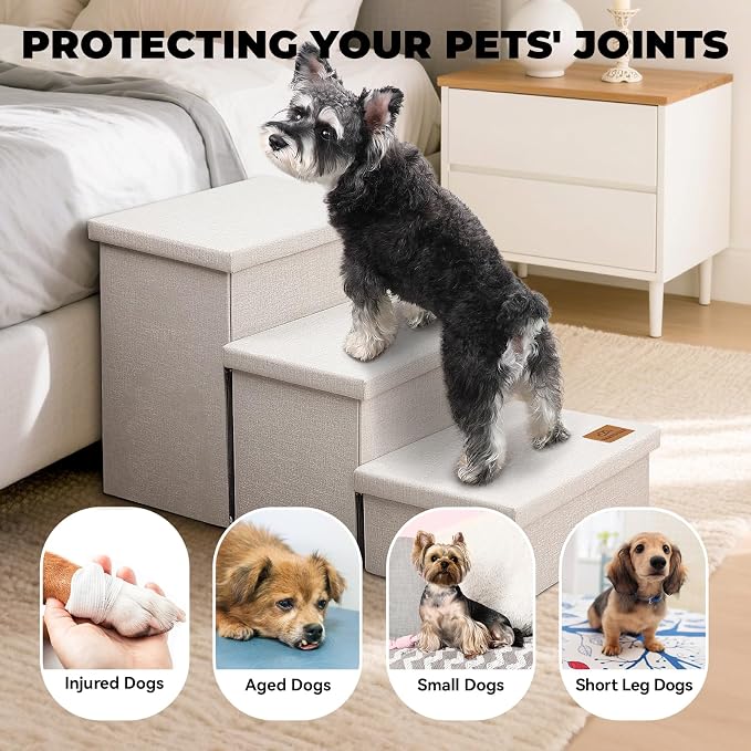 Zerbuger Dog Stairs with Storage 18" H, 3-Step Wider Dog Steps for Small/Medium/Large Old Dogs Cats, Folding Sturdy Pet Stairs Climbing Bed or Couch, Ramp for Car Up to 200 lbs (Beige, No Condo)