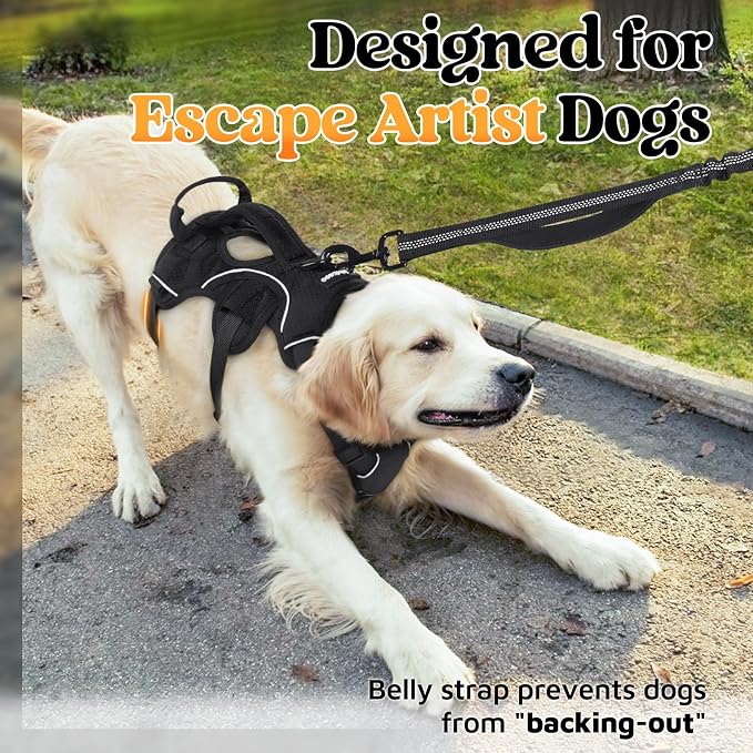 rabbitgoo Escape Proof Dog Harness for Medium, No Pull with Lift Handle | No Escape, Full Soft Padded, Reflective Adjustable Vest, Leash Clip for Walking Hiking Training, Black, Medium