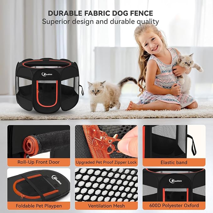 Siedihit Black Dog Cat Playpen, Puppy Pet Playpen Indoor for Small Dog Crate Tent Cage Outdoor, Portable Pop Up Dogs Enclosure Kennel with Carrying Case for Dogs/Cats/Rabbits