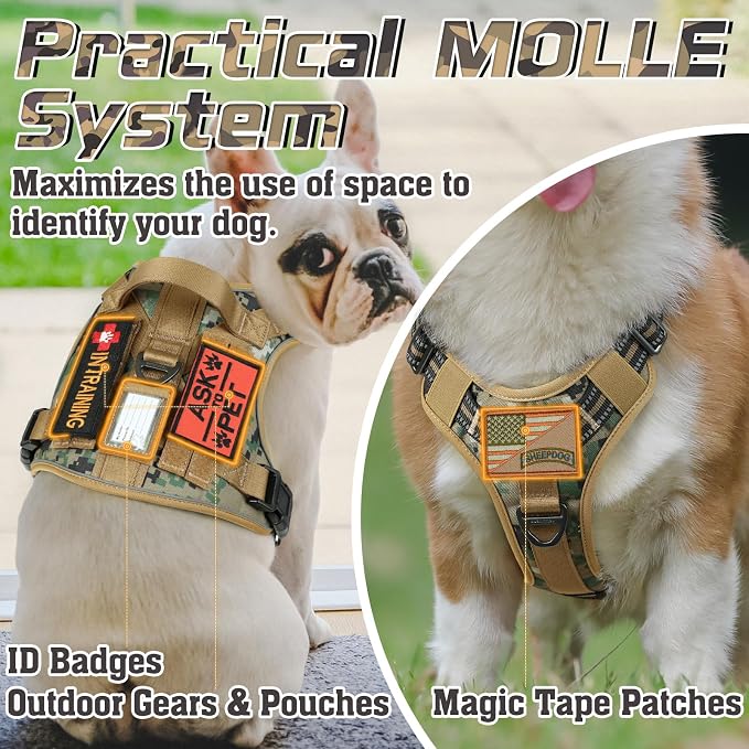 rabbitgoo Tactical Dog Harness for Small, No Pull Military Service Vest | Molle & Handle, Heavy Duty, Adjustable, Reflective Straps, Easy Control for Training Walking, Brown camo, Small
