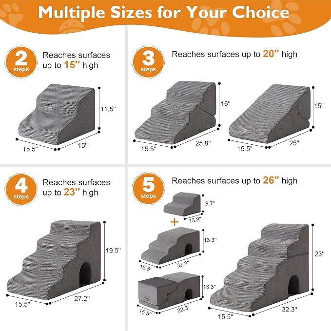Dog Stairs for Bed 23’’ H, 5-Step Dog Steps for High Bed, Foldable Pet Stairs for Small Dogs and Cats to Get on Beds, Couch, Non-Slip Balanced Pet Steps and Ramp with Waterproof Cover, Grey