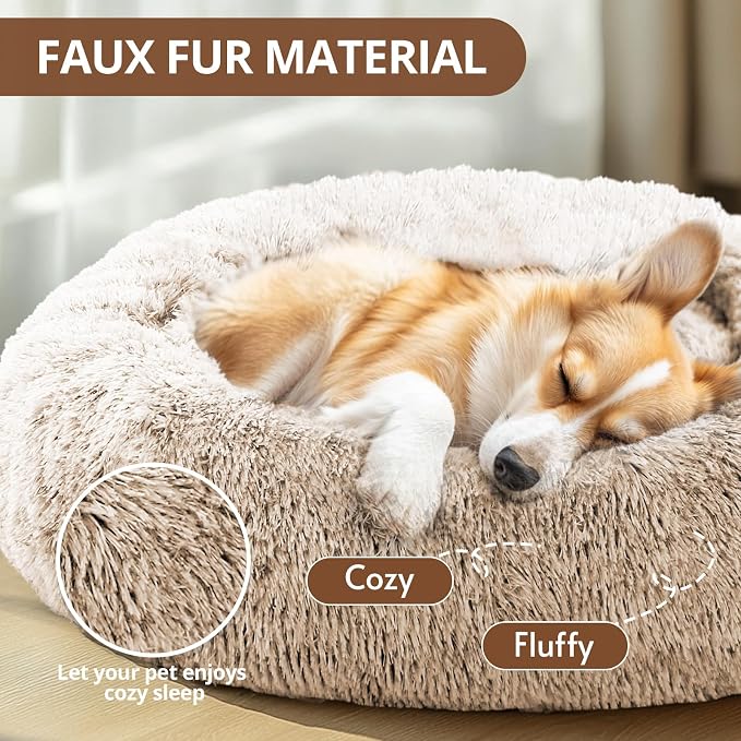 JOLLYVOGUE 27" Calming Donut Dog & Cat Bed, Cream Brown
