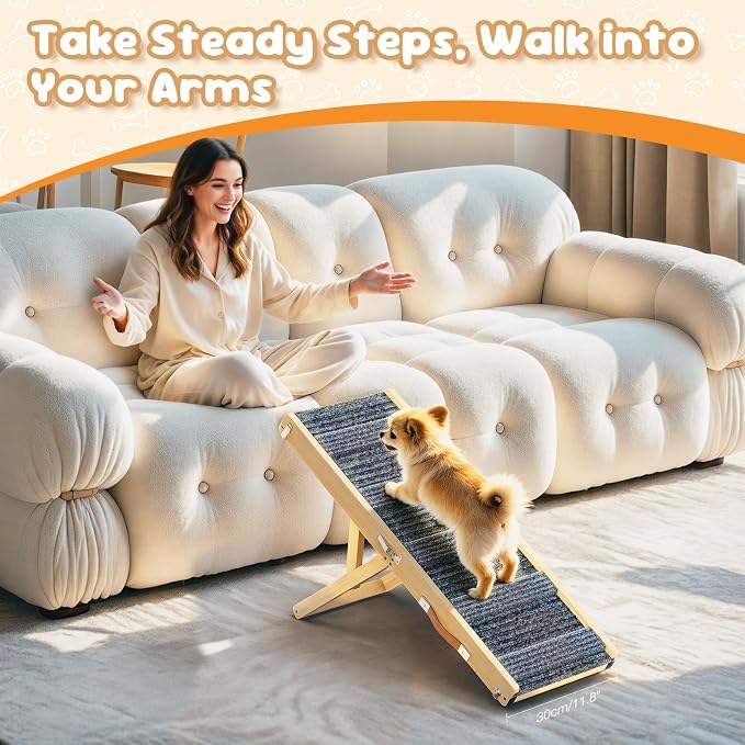 Pawaboo Foldable Dog Ramp, Small Dog Ramp for Couch, 4 Adjustable Height from 13'' to 21", Stable Pet Steps with Non-Slip Pad, Portable Pet Ramps Use for Couch Sofa Stairs, Wood