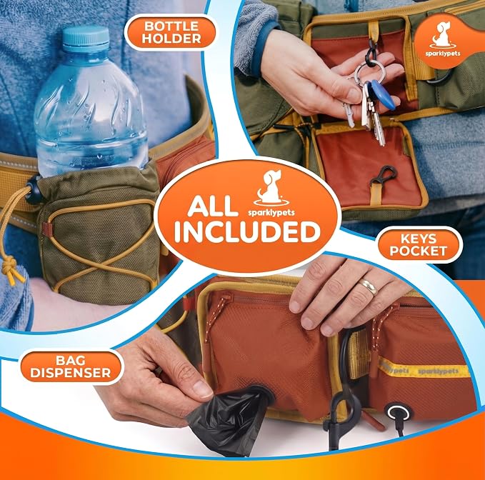 SparklyPets Double Bungee Waist 2 Dog Leash with Back Brace – Dual Dog Leash for Medium/Large Breeds – Running Belt Fanny Pack with Phone, Waste, Treat, and Bottle Pockets