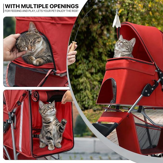 MoNiBloom 3-Wheel Foldable Pet Stroller - Red, up to 33lbs