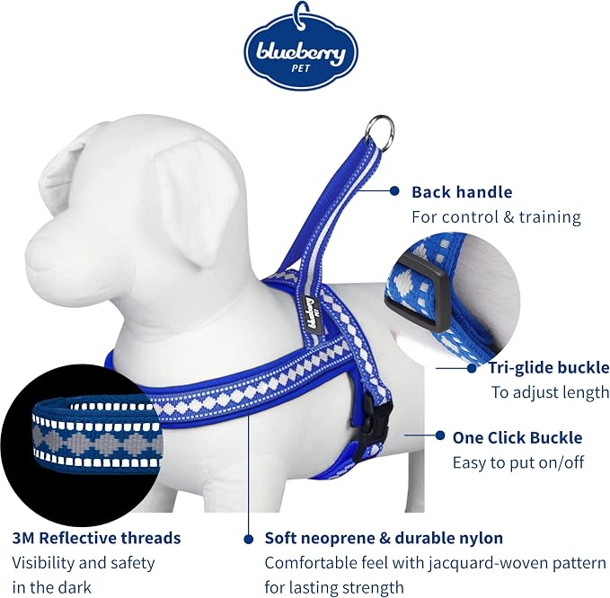 Blueberry Pet 4 Colors Soft & Comfy 3M Reflective Jacquard Padded Dog Harness, Chest Girth 19" - 23.5", Palace Blue, XS/S, Adjustable Harnesses for Dogs