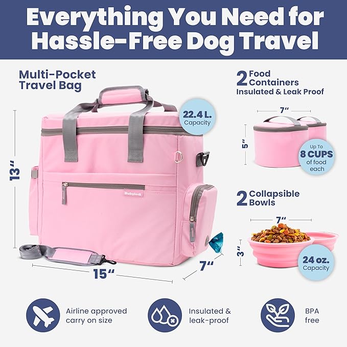 The Original Doggy Bag Dog Travel Kit with Bowls & Food Containers, Light Pink