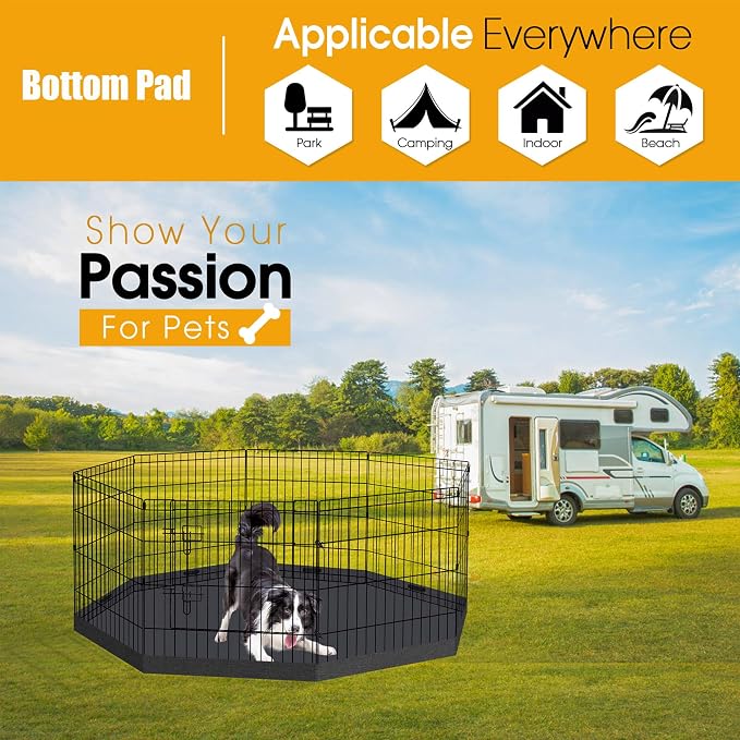 Dog Playpen Bottom Pad Cover Only, Black Replacement Floor Liner for 8-Panel 24 Inch Pet Playpen, Washable Bottom Tray Cover for Small Medium Dogs, Indoor Outdoor Use, Playpen Not Included