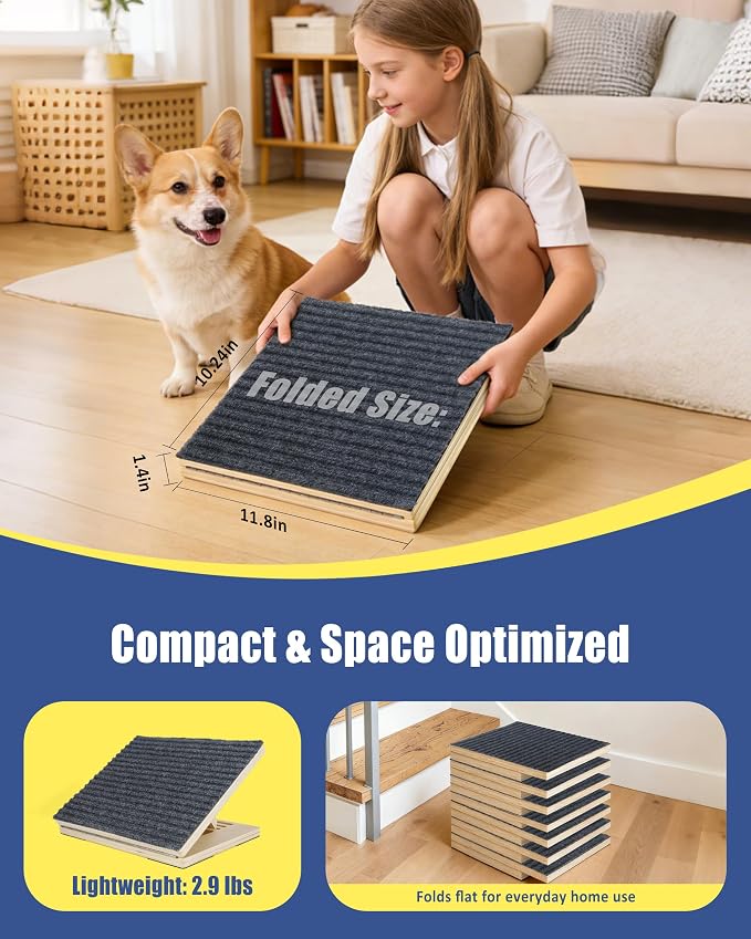 Dog Ramp for Stairs, 6 Pack Wooden Dog Stair Ramps for Small Dogs Only, Foldable Non-Slip Pet Ramp for Longer Indoor Stairs, Adjustable Step Support for Senior & Short-Legged Pets