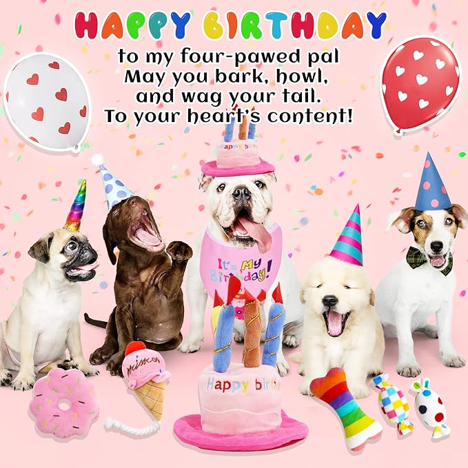 lilfrd 9Pcs Pink Dog Birthday Toy Set, Squeaky Hat Bandana Gift for Dogs | Birthday Party Kit, Plush Squeaky Dog Toys, Suitable for Small Medium Puppy