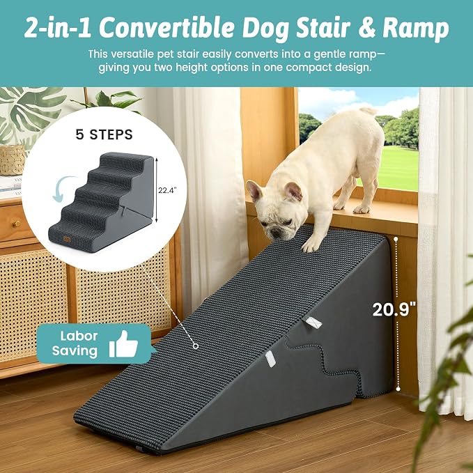 COZY KISS Dog Stairs for Small Dogs, 3-Step 2-in-1 Dog Steps,22.4" H | 5-step dog stairs and ramps,Non-Slip Base,for Couch & Bed, Dark Grey