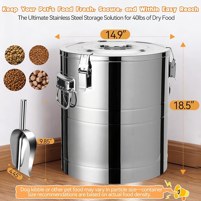 40lb Dog Food Storage Container, 40lb, Stainless Steel, Stainless Steel