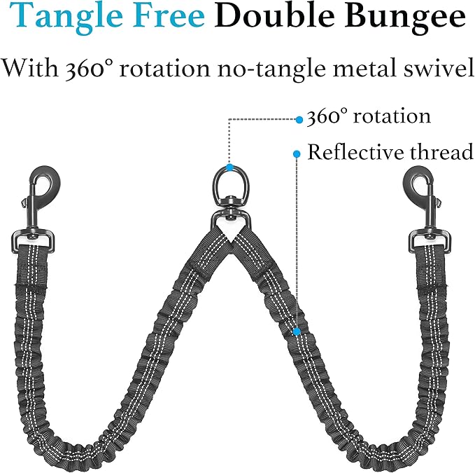 iYoShop Double Dog Leash, 360° Swivel, No Tangle, Medium, 8-35 lbs, Black | Dual Leash for Two Dogs, Split Leash, Shock-Absorbing Bungee, Padded Handle, Heavy-Duty Rope