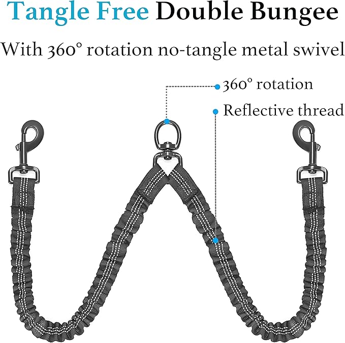 iYoShop Double Dog Leash, 360° Swivel, No Tangle, Large, 25-150 lbs, Black | Dual Leash for Two Dogs, Split Leash, Shock-Absorbing Bungee, Padded Handle, Heavy-Duty Rope