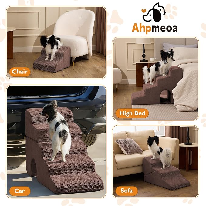 Dog Stairs for Small Dogs 16’’ H, 3-Step Dog Steps for Bed, Foldable Pet Stairs and Ramp for Dogs and Cats to Get on Beds, Couch, Non-Slip Balanced Pet Steps with Waterproof Cover, Brown