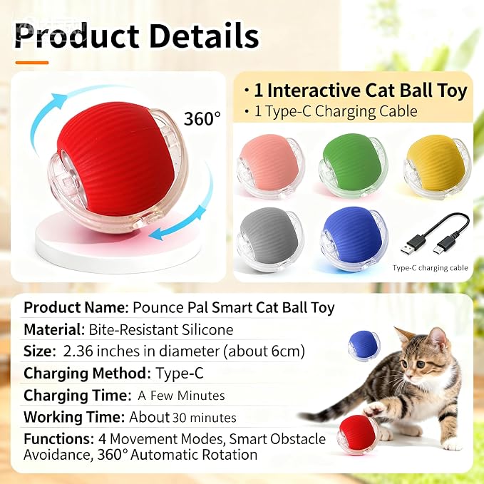Cat Toy, 360° Automatic Rolling Smart Pet Ball Toys, Motion-Activated, Rechargeable, Four Modes, Three Speed Adjustment, Solve Your Cat's Boredom in Seconds (Blue)