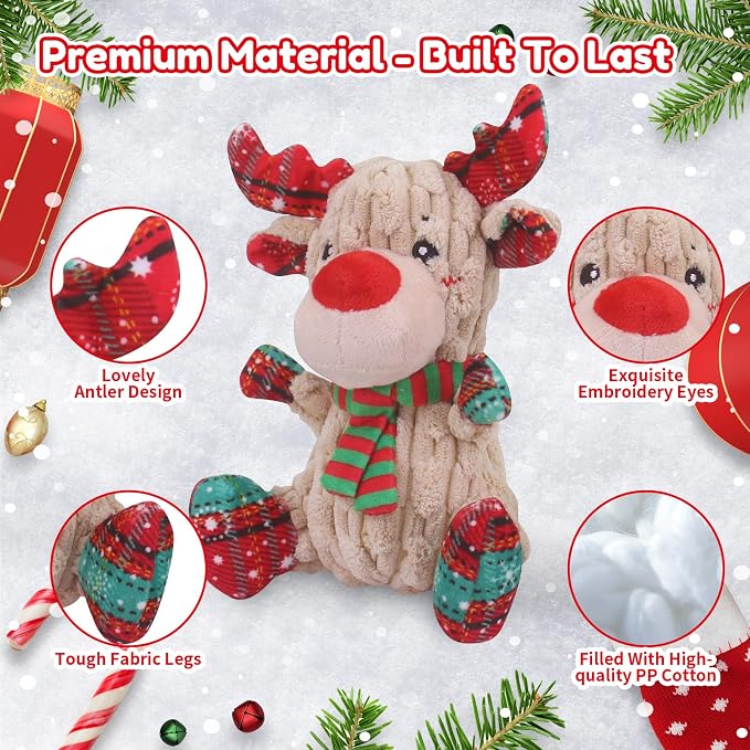 loncoldy Christmas Dog Toys, Funny Squeaky Reindeer Toy with Crinkle Paper Attract Pets, Interactive Plush Chew Toys, Adorable Christmas Elk Dog Gifts for Small Medium Large Dogs