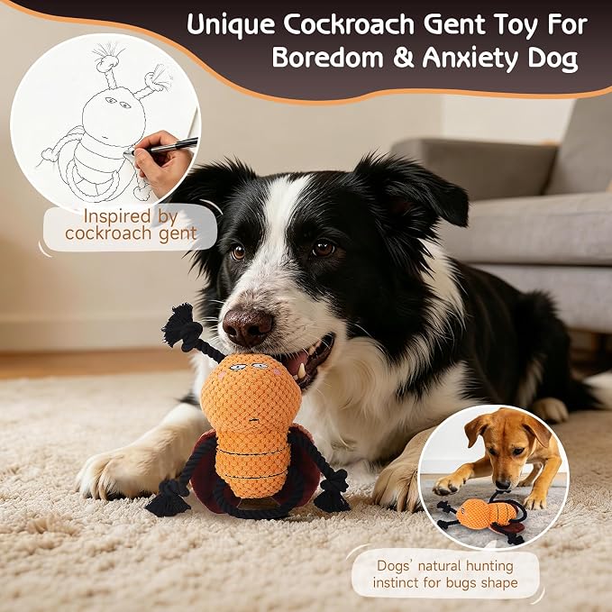Yipetor Cockroach Squeaky Dog Toy, Puppy Rope Chew Toy for Medium Dogs | anti boredom, tug of war, machine washable, teeth cleaning, crinkle paper, plush toy, separation anxiety