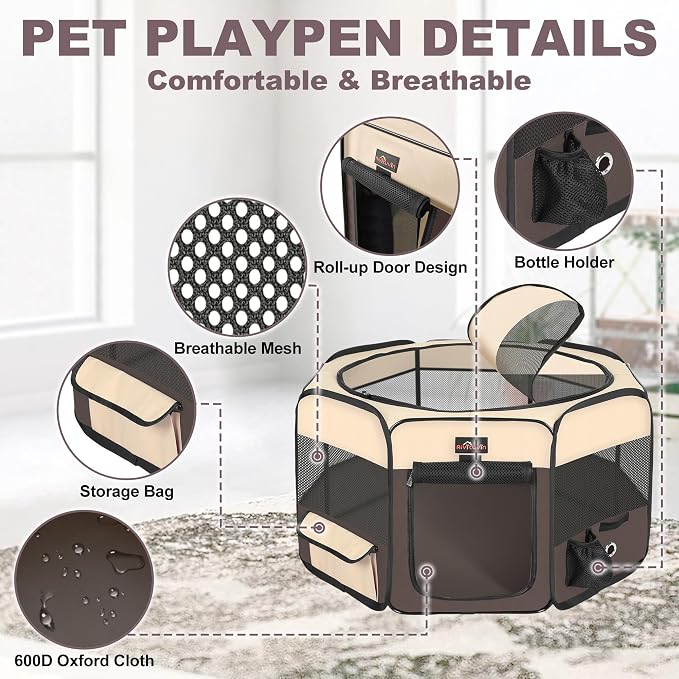 Aivituvin Dog Playpen with Carrying Bag, Removable Shade Cover, Brown, L