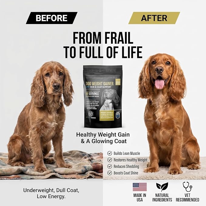 Dog Weight Gainer with Skin & Coat Support - Weight Gain Supplements for Dogs - Canine and Dog Muscle Builder - Protein Powder - High Calorie Food Supplement - 90 Servings