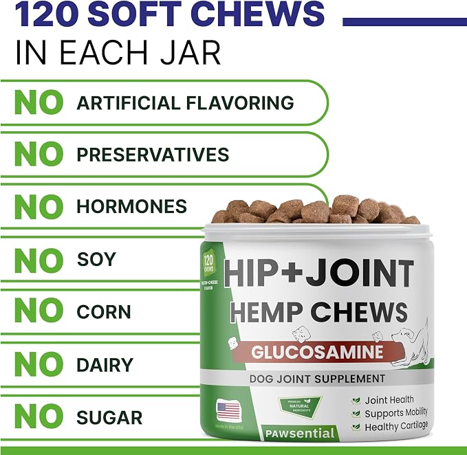 ADVANCED Hemp Hip & Joint Supplement for Dogs - Glucosamine for Dogs - Dog Joint Pain Relief Treats - Chondroitin Turmeric MSM Hemp Oil - Hemp Treats for Joint Health - Senior Mobility Support Chew