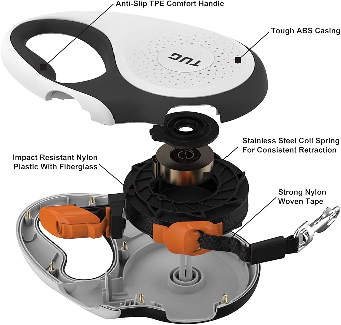 TUG Original Retractable Dog Leash, 16 ft (Large, White/Orange) | 360° Tangle-Free Retraction, 16 ft Tape, Quick Thumb Lock, Anti-Slip Handle, For Dogs Under 110 lbs