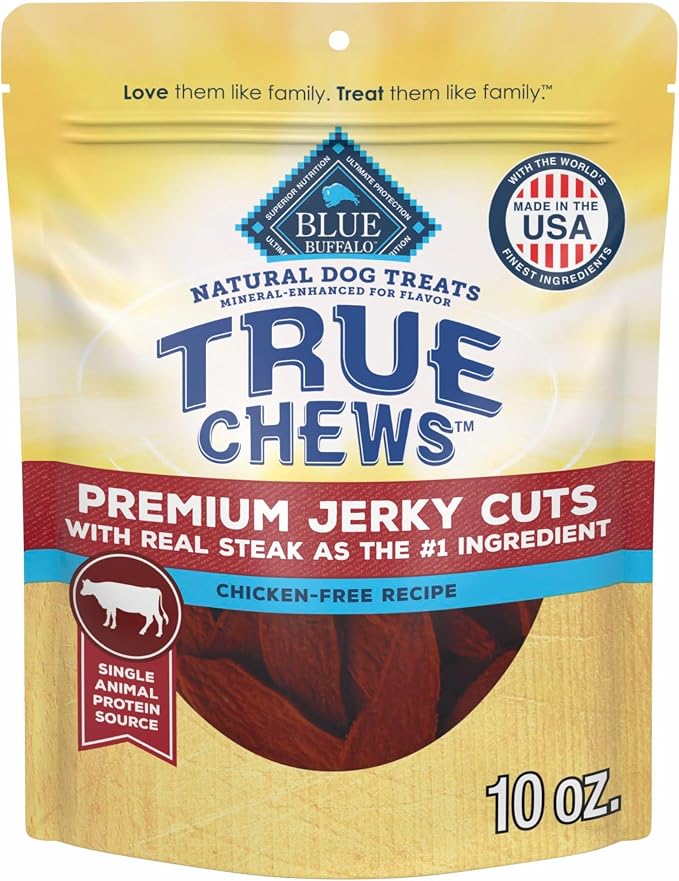 Blue Buffalo True Chews Premium Jerky Cuts with Real Steak, Chicken-Free Natural Dog Treats, Mineral-Enhanced for Flavor, 10 oz. Bag