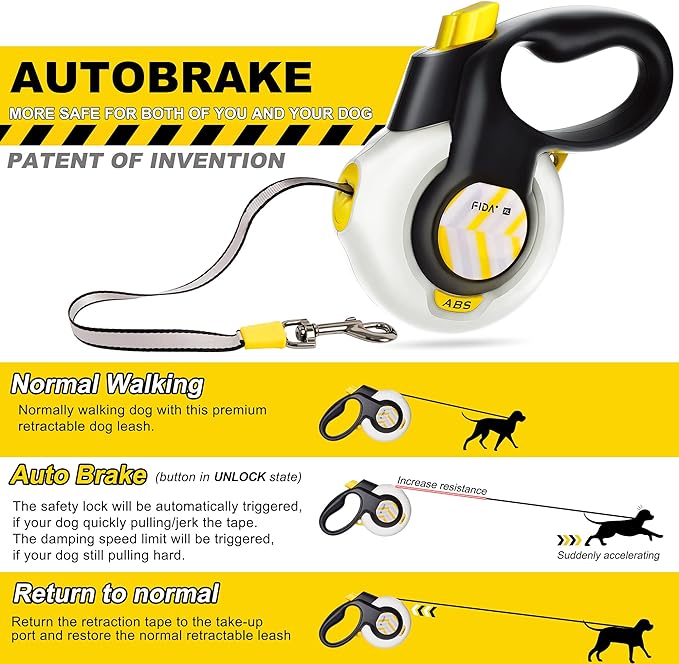 FIDA AutoBrake Retractable Dog Leash. Advanced Patented Design for Dog Pulling, 16 ft Heavy Duty No Pull Pet Walking Leash for Small Breeds. 360° Tangle Free, Soft Grip, Small Size.