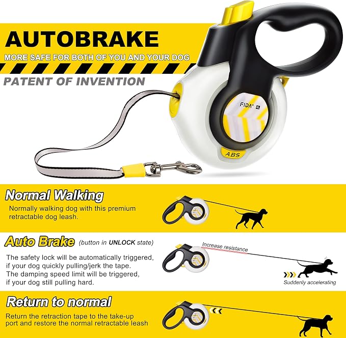 FIDA AutoBrake Retractable Dog Leash. Advanced Patented Design for Dog Pulling, 16 ft Heavy Duty No Pull Pet Walking Leash for Extra Large Breeds. Tangle Free, Soft Grip, X-Large Size.