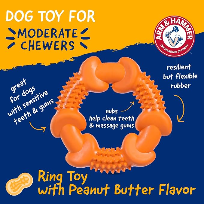 Arm & Hammer Nubbies Rubber Ring Dog Dental Chew Toy, Peanut Butter | Baking soda infused, no-stuffing design, reduces plaque and tartar buildup, for moderate chewers daily