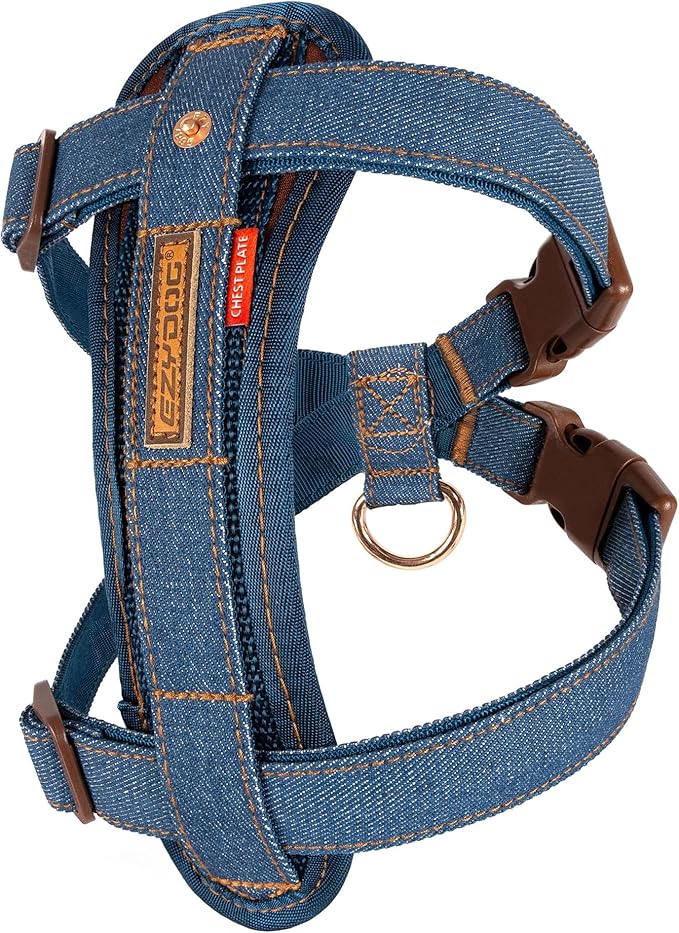 EzyDog Chest Plate No Pull Dog Harness, Escape Proof - X-Small, Denim | Car Restraint Included, Comfort EVA Padding, Adjustable for All Breeds, Quick Release Buckles, Reflective Stitching