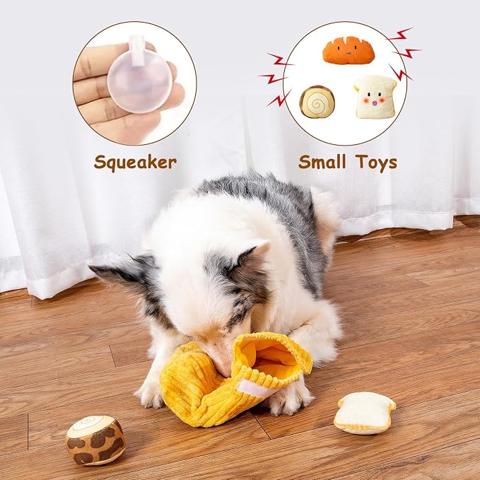 Hollypet Squeaky Hide and Seek Dog Toys for Small and Medium Dogs, Bread | Interactive Plush Stuffed Dog Squeak Toys for Small Medium Sized Dogs and Non-Aggressive Chewers, Puppy Teeth Clean Chew Toys