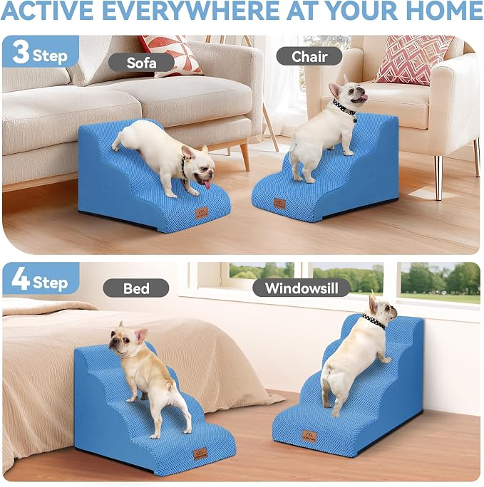 Zerbuger Dog Ramp and Stair for Bed 16" H-20 H,3-Step Cat Stair for Sofa and Chair,4-Step Dog Ramp for High Bed and Window,Durable Nonslip Fabric Cover for Indoor (Blue-20“H, Pet Friendly, 4)