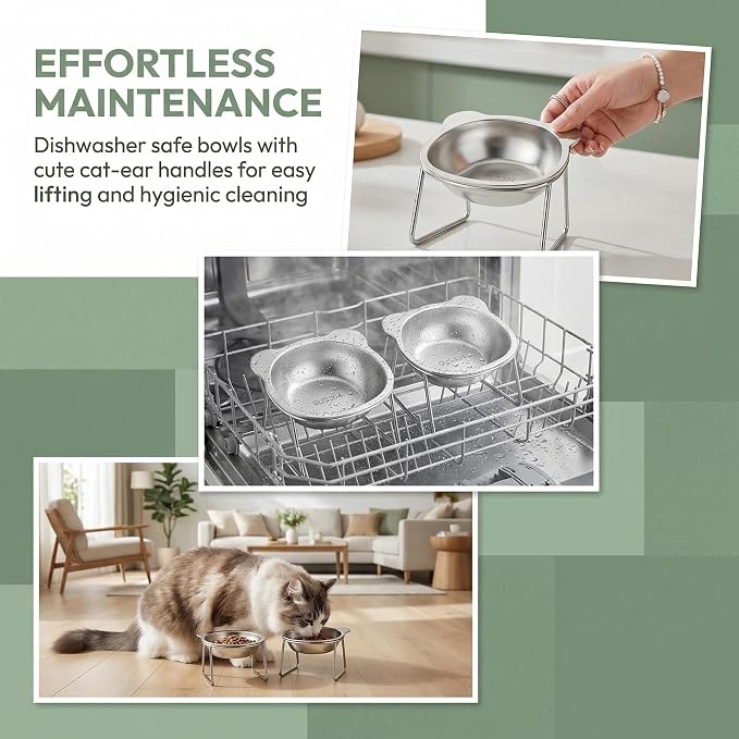 Sterling Whiskers Orthopedic Feeding Bowl, 2 Pack Raised Cat Bowls, 15° Tilted Stainless Steel Elevated Dishes for Small Cats & Dogs, Anti Vomit, Whisker & Spine Friendly