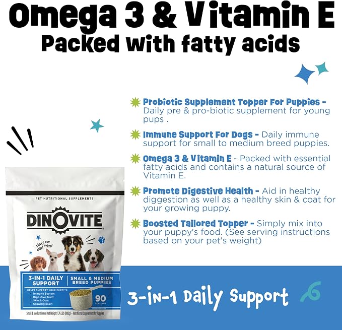 Dinovite Probiotic Food Topper for Puppies, Digestive Support, 90 Servings