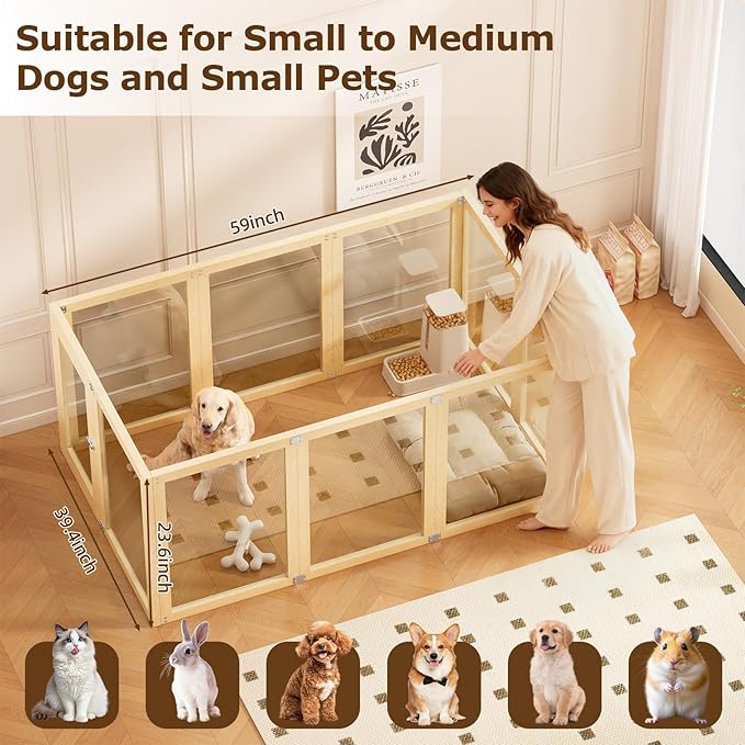 Clear Acrylic Dog Playpen Indoor with Solid Wood Frame, 10 Panels Clear Dog Playpen for Small Dogs, Easy Assembly Acrylic Pet Pen, Safe and Sturdy Play Area for Puppy Rabbit Indoor