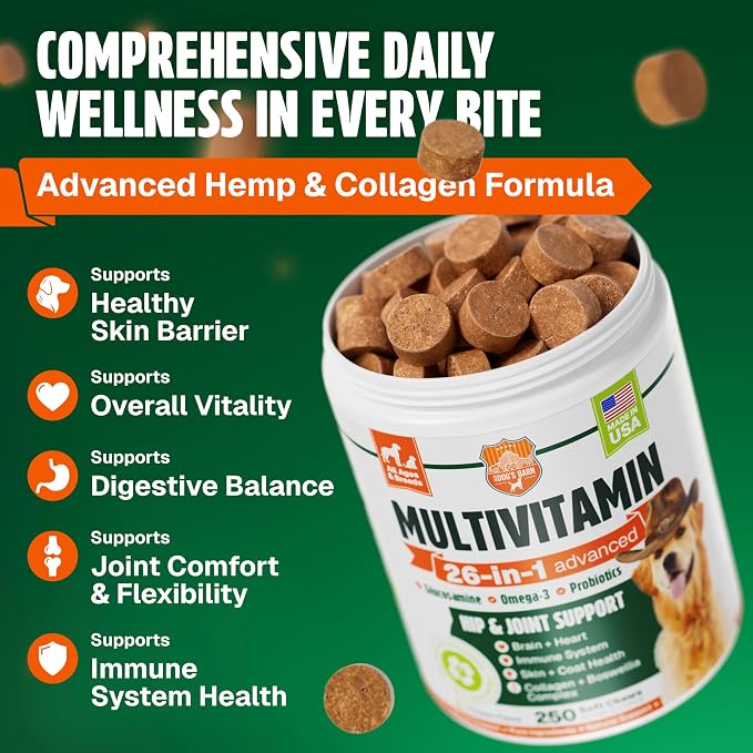 Dog Vitamins and Supplements 250 Chews - 26 in 1 Dog Multivitamin Soft Chews with Glucosamine, Chondroitin, Probiotics, Omega 3 - Hip & Joint, Skin & Coat, Immune Support - Chicken Flavor