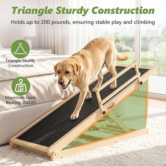Dog Ramp for Bed, Sofa & Car, for Senior, Injured & Small to Large Dogs | 6 Height Settings (20.3"-27") , Non-Slip Carpet Surface , Solid Wood 200LB Capacity, Foldable with Side Safety Rails