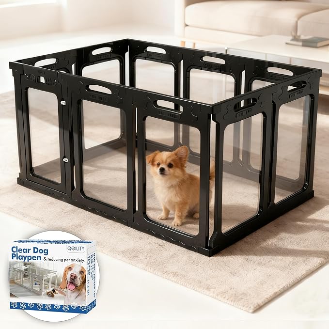 Height 30 Inch Clear Dog Playpen with Toilet, Expandable Size & Flexible Shape, 10 Panels, Black
