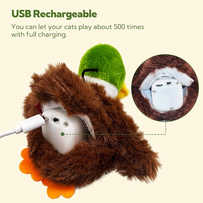 Flapping Cat Toy, Motion Activated Duck with Catnip, 3 Modes & USB Rechargeable, Machine Washable Interactive Toy for Indoor Cats