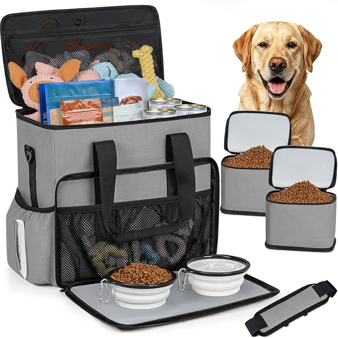 TORIBIO Dog Travel Bag,Large Pet Travel Bag for Supplies with 2 Food Container and Collapsible Bowls,Dog Travel Supplies Organizer Kit for Weekend,Road Trips,Camping